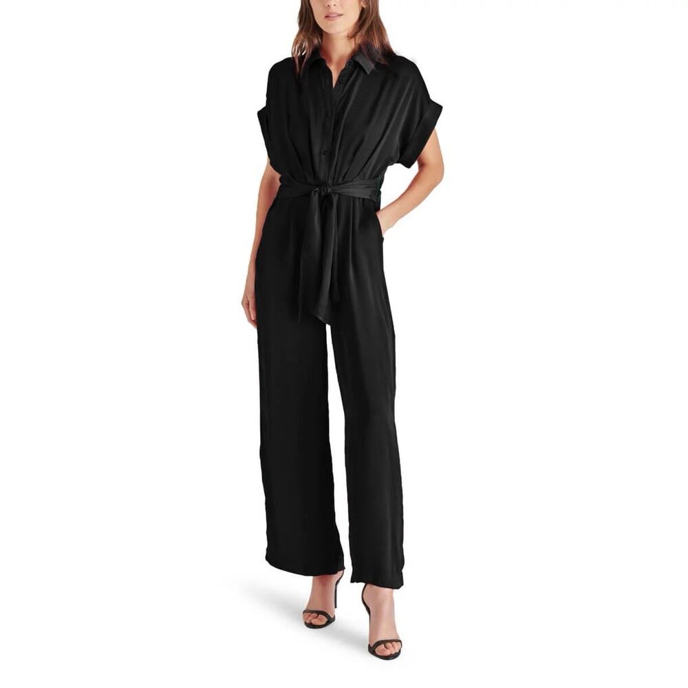 Steve Madden Black Tori Tie Waist Wide Leg Satin Jumpsuit Size XS